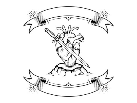 Anatomical heart pierced by a sword on a rock with blank decorative banners above and below