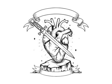 Symbolic illustration of a sword through an anatomical heart resting on stone with ribbons