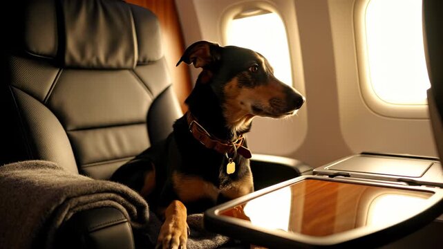 Cute dog travels in luxury airplane seat near window. Pet dog sits in business class plane cabin. Animal enjoys luxury flight on private jet. Happy dog relaxes in airplane seat during travel.