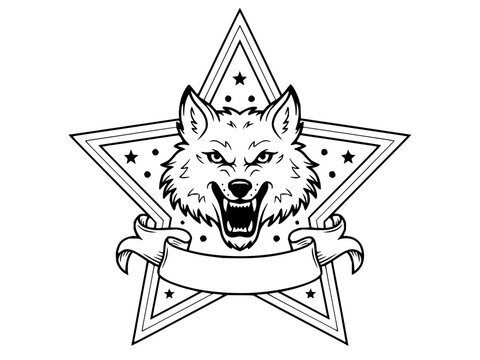 Aggressive wolf head logo with a five pointed star background and empty ribbon banner