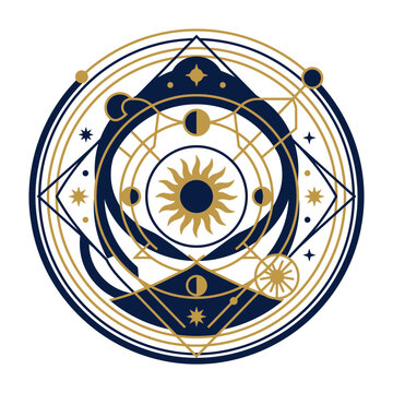 Celestial alchemy symbol with sun moon and stars in golden blue