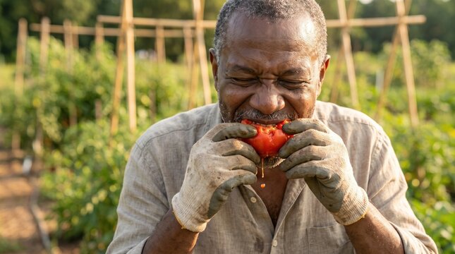An elderly man takes a large bite of a juicy red tomato in a sunny garden. He expresses pure joy and mindful connection with his harvest. Perfect for organic farming and wellness content.