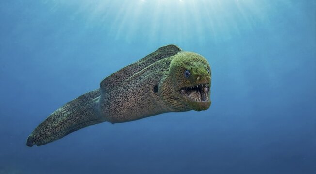Giant Moray eel swimming in open blue ocean with sunbeams. Underwater wildlife shot of a spotted marine predator with sharp teeth in the wild sea, AI generated