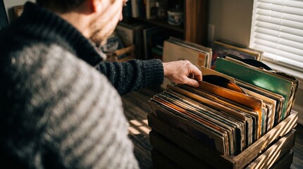 Naklejka premium A man in a cozy sweater browsing through a collection of vintage vinyl records stored in a wooden crate at home