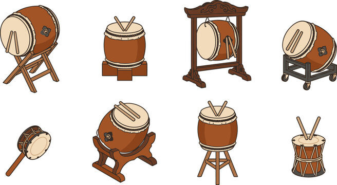 Set of traditional japanese taiko drums with wooden stands and drumsticks