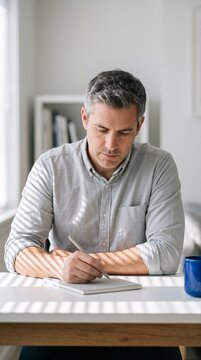 Focused middle aged man sitting at desk writing in notepad with pen in bright home office with sunlight filtering through window blinds