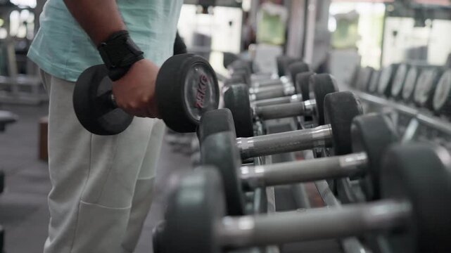 close up shot of the hand of a fit Indian Asian man wearing a wristband picking up a dumbbell from a weight rack in a modern gym. Concept of strength training, healthy lifestyle, fitness, bodybuilding