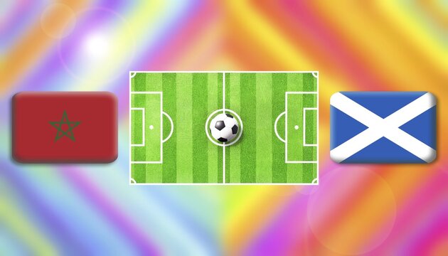 Colorful football matchup illustration featuring Morocco and Scotland flags beside a bright green pitch with a centered ball, highlighting rivalry, national pride, and international cup competition, created using generative AI tools, AI generated