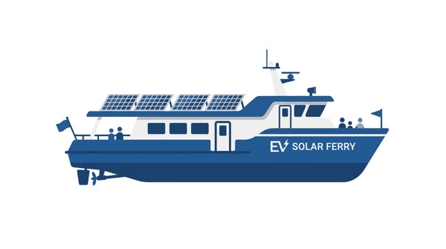Electric Solar Ferry Boat with Solar Panels, Isolated on White Background