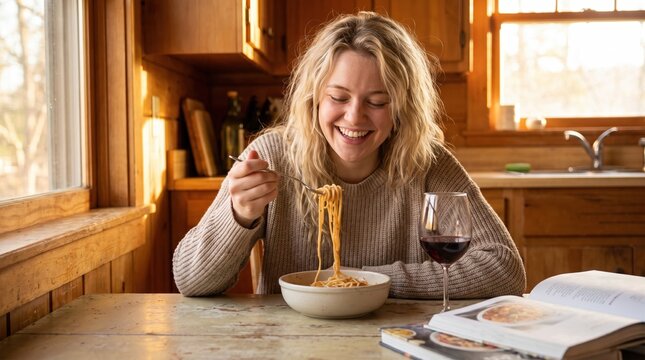 Woman smiling while eating spaghetti with red wine in sunlit kitchen. Mindful eating and cozy home atmosphere. Ideal for lifestyle, wellness, and culinary content.
