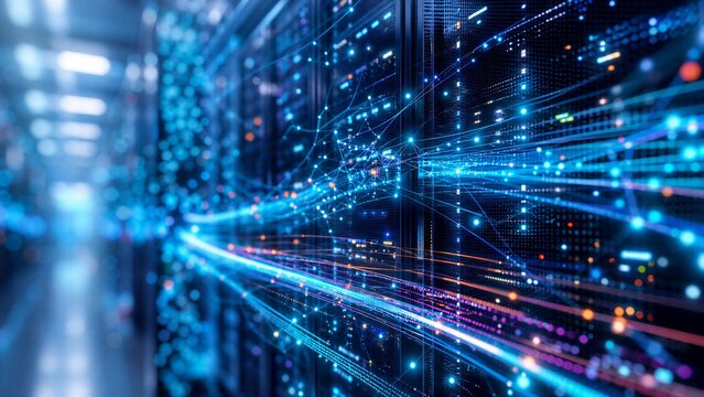 Holographic Grids and Fiber Streams Animate Hyperscale Data Center Server Racks for Cybersecurity Analytics.