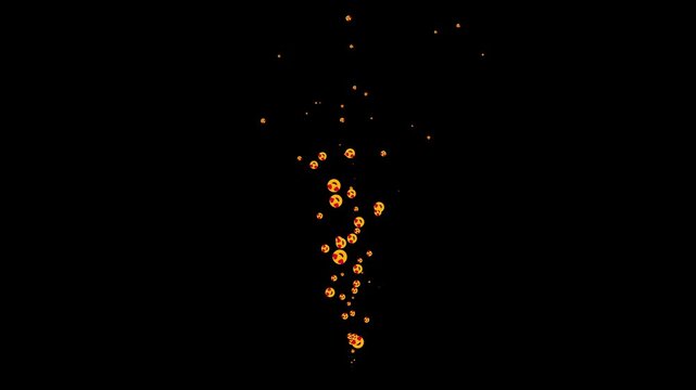 Floating smiling face with heart eyes particle streams rising upward on black background in 4K