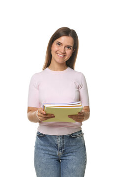 Happy teacher with notebooks on white background