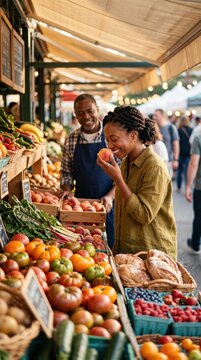 A woman enjoys the aroma of a fresh peach at a vibrant farmers market stall. This scene captures mindful living, sensory pleasure, and community connection. Ideal for wellness and food blogs.