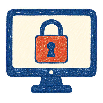 Crayon-style illustration of a computer monitor with a padlock icon on screen, isolated on white background.