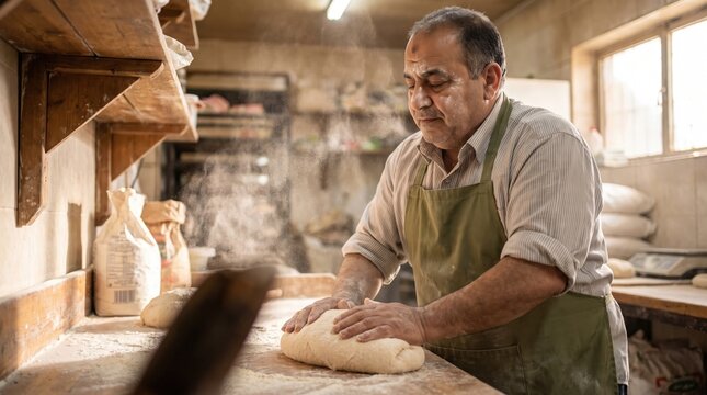 A male baker in an apron kneads fresh dough on a wooden table with flour dust in a rustic bakery.
