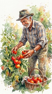 Watercolor illustration showing an elderly man harvesting ripe tomatoes. This scene emphasizes the mindful connection between human and nature. Ideal for wellness and organic food blogs.