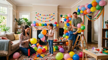 Fototapeta premium Family decorating living room with balloons for a birthday party celebration