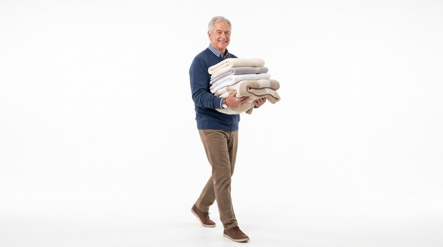 Smiling senior man carrying a stack of folded blankets and throws against a white background