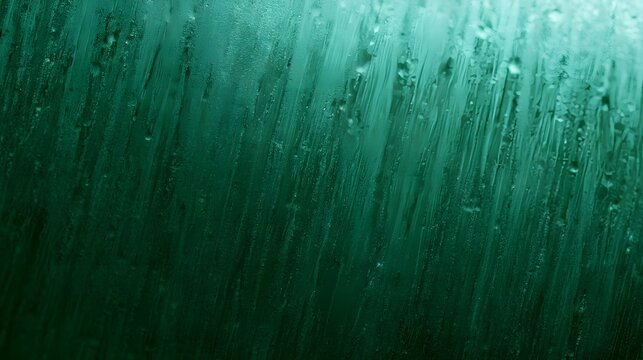 Close up of rain streaks and droplets on a textured green glass surface  showing natural moisture patterns and subtle color gradients