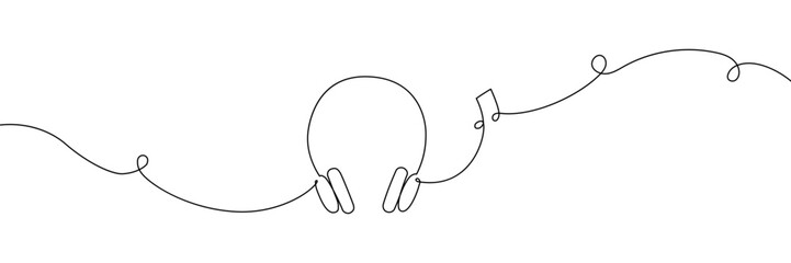 Obraz premium Continuous line art drawing of headphones and microphone. One-line podcast recording icon for radio, music, DJ media posters, hand-drawn doodle illustration style.