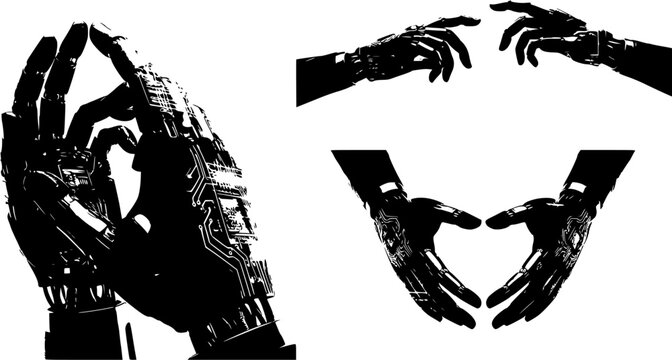 Vector silhouettes of robotic hands with digital circuit details making gestures