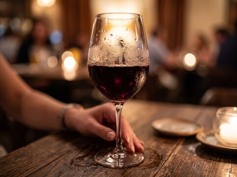 Elegant hand holding a glass of red wine in a cozy restaurant.