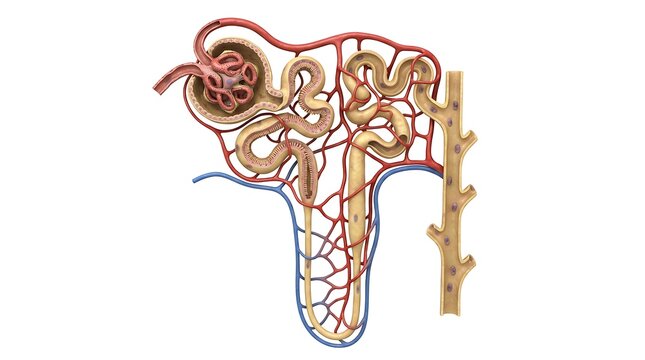 Detailed Anatomical Illustration of a Nephron Structure Isolated on White Background