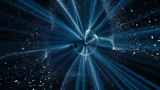 Radiant cosmic particles forming swirling light trails in an abstract style on a dark backdrop, conveying energy and universe