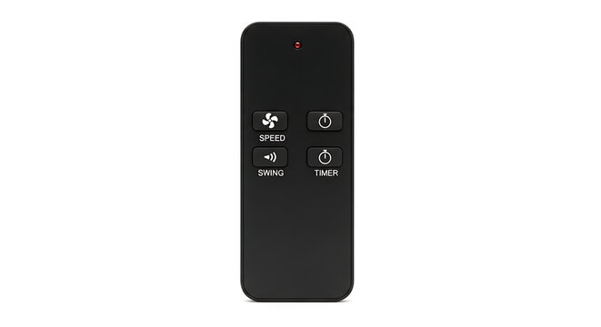 Black remote control for electric fan on white background