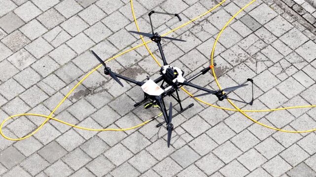 Tethered hexacopter drone powering up on paved ground