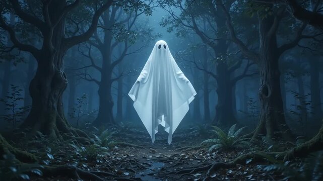 White sheet ghost gliding through a mysterious dark forest at night