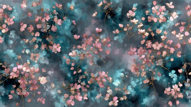 Vibrant blue and pink floral pattern on gray background. AI generated