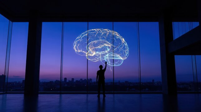 Silhouette man touching glowing neural network brain hologram against twilight cityscape background visualizing cognitive intelligence artificial awareness and advanced medical technology.