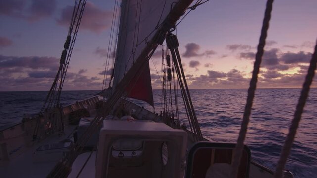 Big sailing boat moves in the Atlantic Ocean under the sails