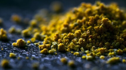 Fototapeta premium Close up of yellow pollen granules scattered on dark textured surface softly lit with shallow depth of field