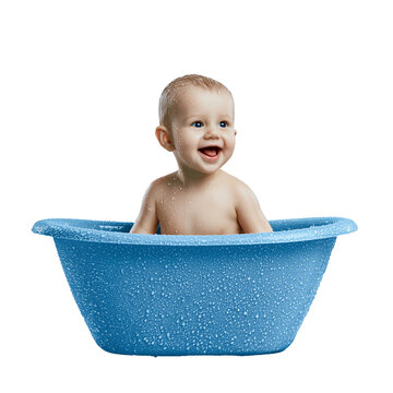 Happy baby boy enjoying bath isolated on a transparent background