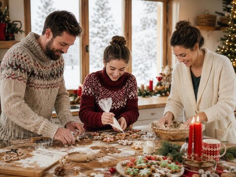 Familie dekoriert gemeinsam Weihnachtspl&auml;tzchen in einer gem&uuml;tlichen K&uuml;che mit Kerzen und Winterblick. Herzliches Motiv f&uuml;r Weihnachtsb&auml;ckerei, Tradition und gemeinsame Zeit.