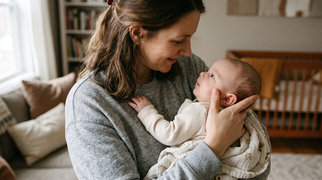 Loving mother holding her newborn baby tightly at home in cozy living room