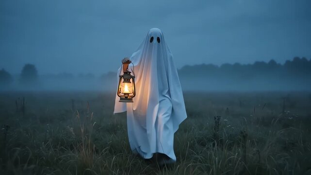 Phantom figure gliding through misty meadow with glowing lantern light