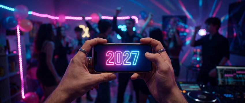 POV of person holding smartphone with neon 2027 display at a nightclub party.