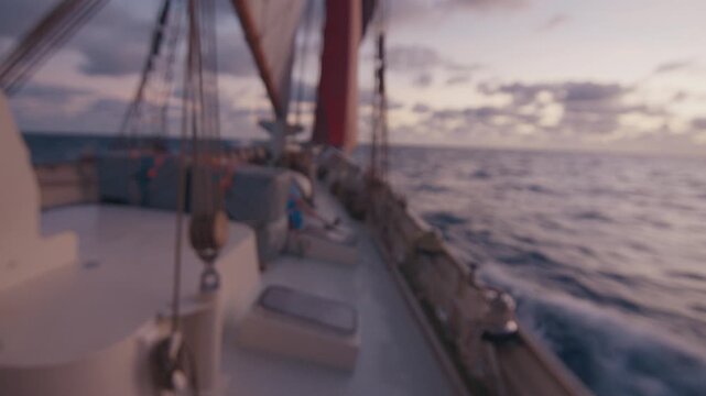 Big sailing boat moves in the Atlantic Ocean under the sails