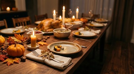 Naklejka premium Thanksgiving dinner table with turkey and candles
