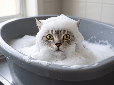 Funny cat taking a bubble bath with soap suds on head in gray tub for pet grooming and hygiene concept in a bright bathroom