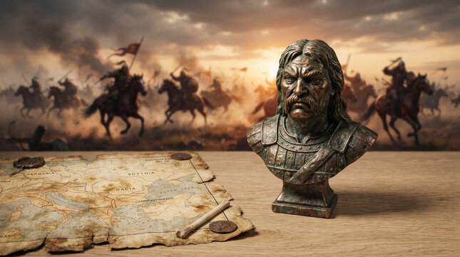 Ancient bust and map depict historical military conquest and strategy planning