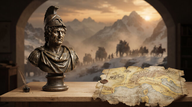 Ancient Roman bust and map depict Hannibal's Alpine march and military campaign