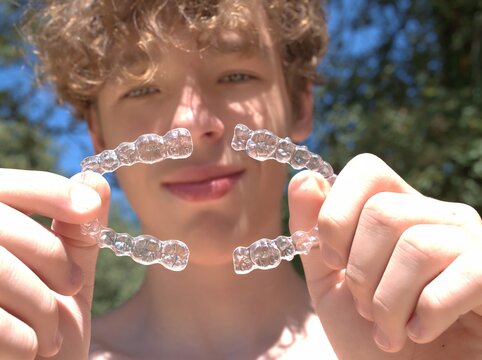 Teenager with curly hair smiles while holding a clear plastic dental aligner near his mouth outdoors