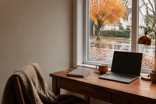 Cozy Rainy Autumn Home Office by Window for Remote Writer