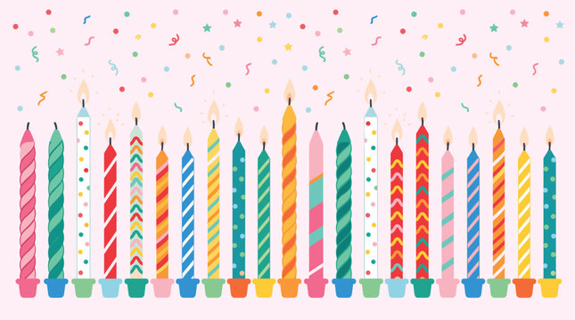 Colorful birthday candles arranged in a festive row with confetti background