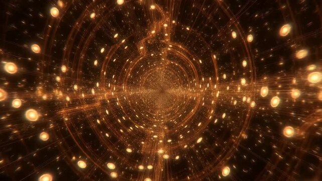 Abstract view of glowing golden circuitry forming a swirling tunnel in dark space, futuristic concept of digital flow and energy